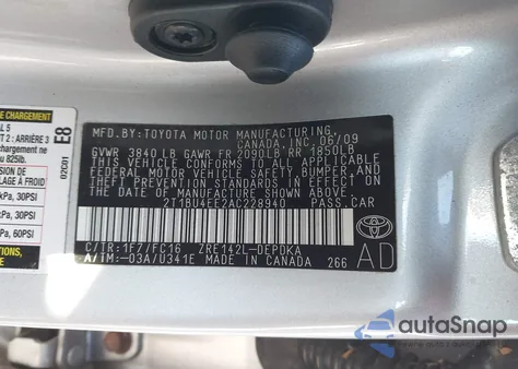 2010 Toyota Corolla Le z USA, uszkodzony, nr VIN 2T1BU4EE2AC228940